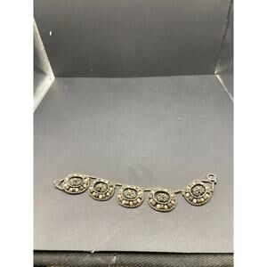 Vintage Israel Sterling Silver 935 Filigree Flower Faux Pearl Panel Bracelet